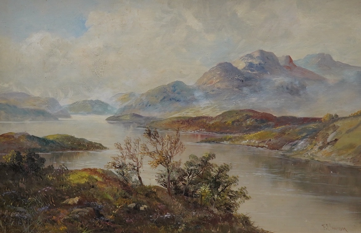 Francis E. Jamieson (1895-1950), oil on board, Scottish highland landscape, signed, 39 x 59cm, ornate gilt framed. Condition - fair, general craquelure